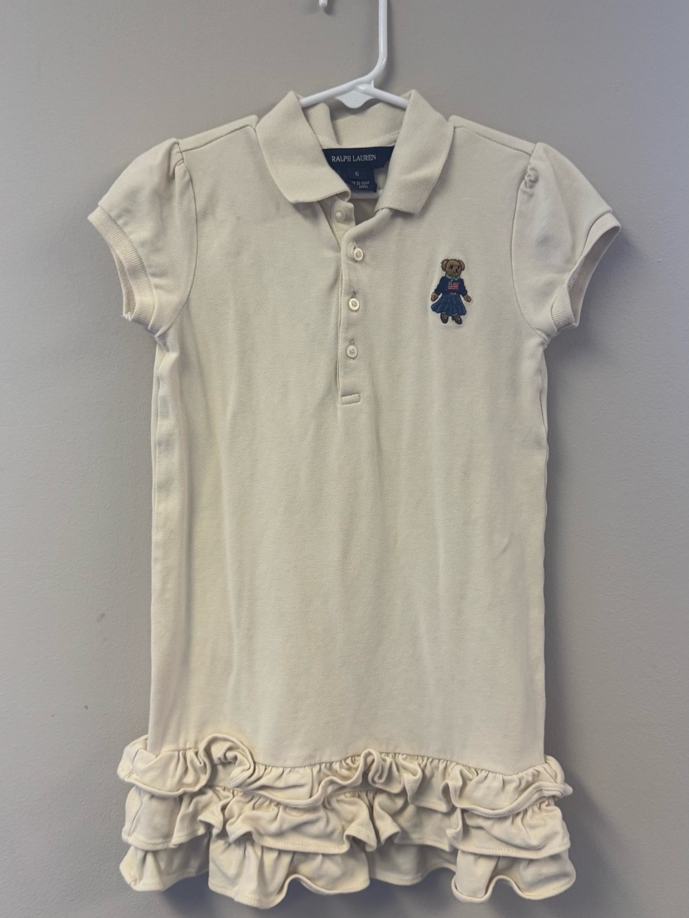 Ralph Lauren Cream Polo Dress with Embroidered Bear and Ruffle Hem